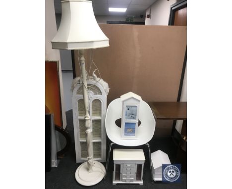 A white dining chair, painted standard lamp, double door cabinet, jewellery casket, three graduated boxes 