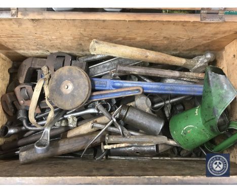 A pine tool box containing hand tools 