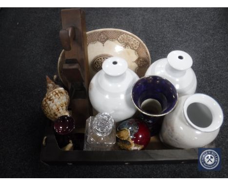 A box containing glass decanter and stopper, conch shell, Maling trumpet vase, wood working plane etc  CONDITION REPORT: Mali