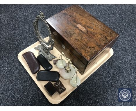 A tray of Victorian rosewood sewing box, metal framed dressing table mirror, vintage spectacles, onyx scales etc 