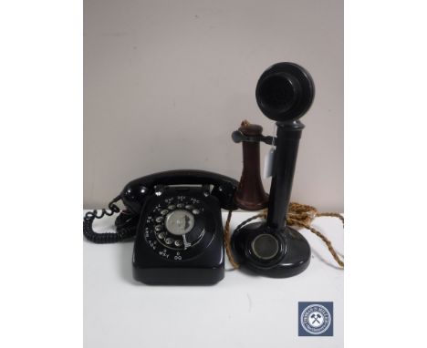 An early 20th century candlestick telephone with later earpiece, together with a vintage plastic telephone (2)