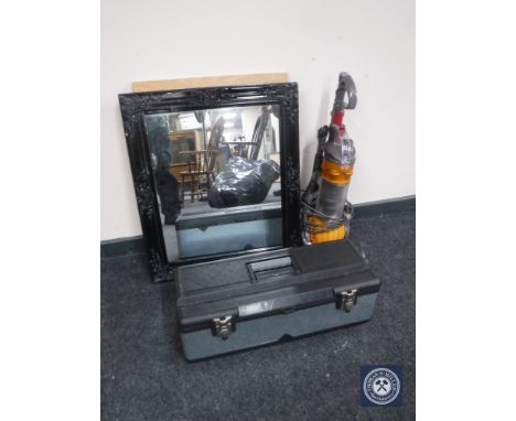 A Dyson DC24 vacuum together with two framed mirrors and tool box containing cassettes, hand tools etc 