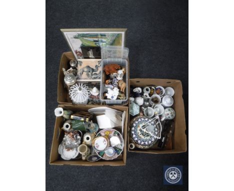 Three boxes of assorted china, elephant figures, Oriental style lamp etc.