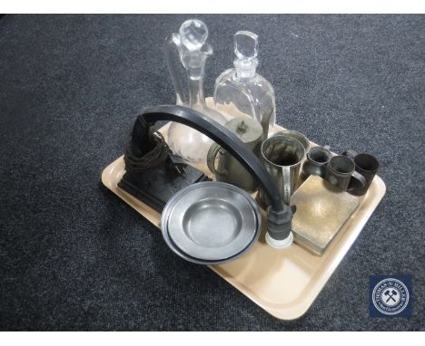 A tray of two twentieth century glass decanters with stoppers, pewter including trinket box etc 