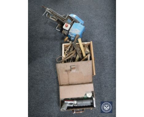 A Lothian electric saw together with metal cased rivet gun, drawer of hand tools