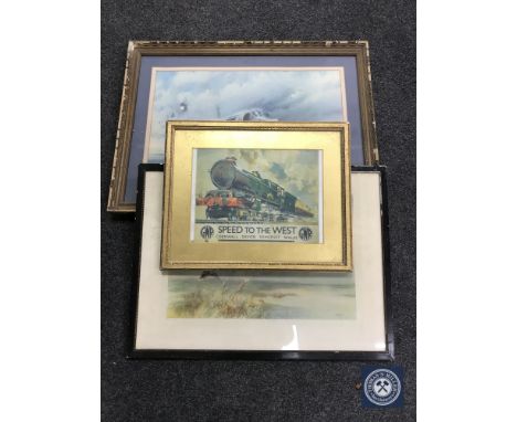 A framed Roger Green print of a hurricane, an antiquarian print and a GWR Speed to the West print 