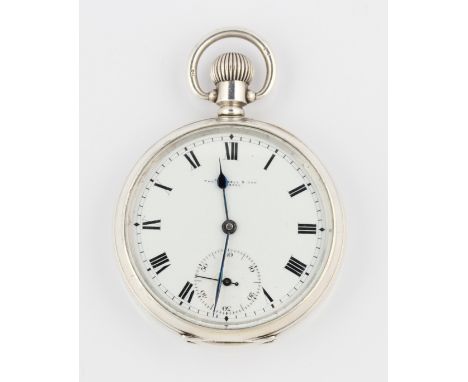 A silver Thomas Russell & Son open face crown wind pocket watch, the white enamel dial having hourly Roman numeral markers wi