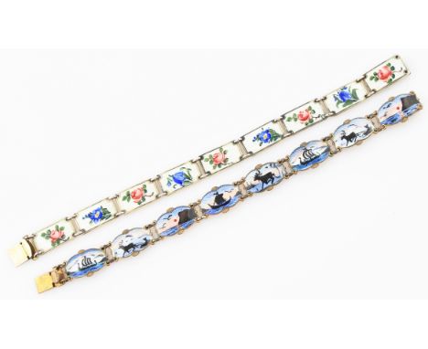A Marius Hammer enamel guilloche enamel bracelet, each articulated link depicting a different scene in blue, pink and white e