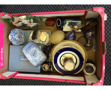 A carton of assorted items including mother of pearl carved plaques, cloisonné vases, oriental ceramics, etc.