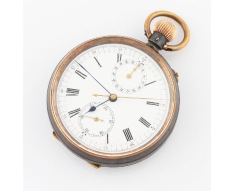 *A gun metal crown wind open face pocket watch, the white enamel dial having hourly Roman numerals with minute track border a