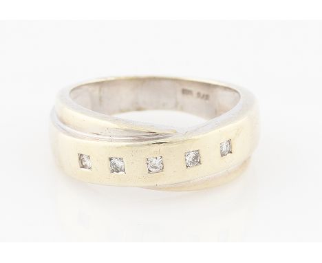 SOLD WITHOUT BUYERS PREMIUM AND VAT. A 9ct white gold diamond five stone ring, set with five round brilliant cut diamonds, ea