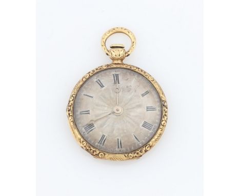 A French yellow metal key wind miniature fob watch, the silver tone dial having hourly Roman numeral markers with minute trac