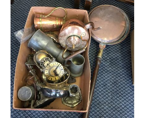 A carton of assorted copper, brass and silver plated metal ware including tea pot, candle stick, lantern clock etc.