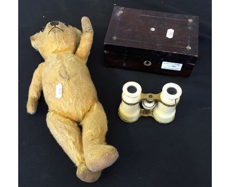 A pair of early 20th Century binoculars with ivory body together with teddy bear and mother of pearl inlaid box.