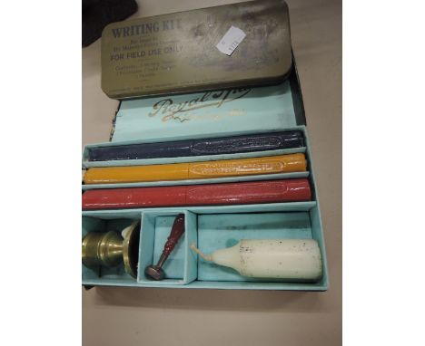 A vintage sealing wax set, writing tin etc