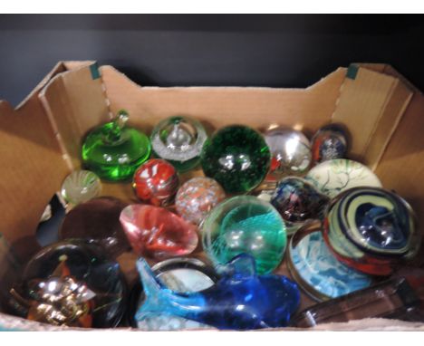 A selection of glass paperweights including vintage advertising Craven basket makers