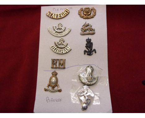 British Army Cap, Collar and Shoulder Title Badges (10) including: Staffordshire, Durham, Royal Marine, Berkshire, Durham Lig