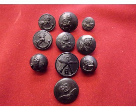 British WWII and Later plastic economy military buttons (10) including: Royal Air Force, Light Infantry etc. A good selection