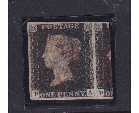 1840 Great Britain 1d Black SG2 Plate 7, 4 margins &amp; part adjacent stamp. Light neat orange MX