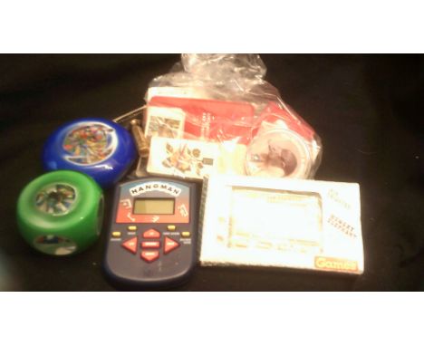 Mixed Lot-Includes paperweights,cig cards,Hangman Game,Air Lighter hand held game-in original box,etc