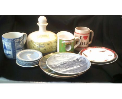 Golfing memorabilia - A good range of china &amp; percaline with plates, mugs, decanter etc, includes Spode, Wedgewood, Worce