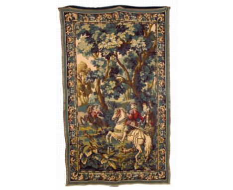 TAPISSERIEFrankreich, 19.Jh. Jagdgesellschaft. 200x120cm   A TAPESTRY France, 19th century Hunting group. 200 x 120 cm.