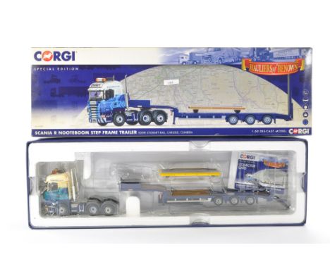 Corgi Model Truck Issue comprising No. CC13745 Scania R Nooteboom step frame trailer in the livery of Eddie Stobart. Displaye