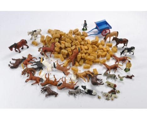 Farm Model Interest comprising a number of custom hay bales plus plastic and metal animal figures. 