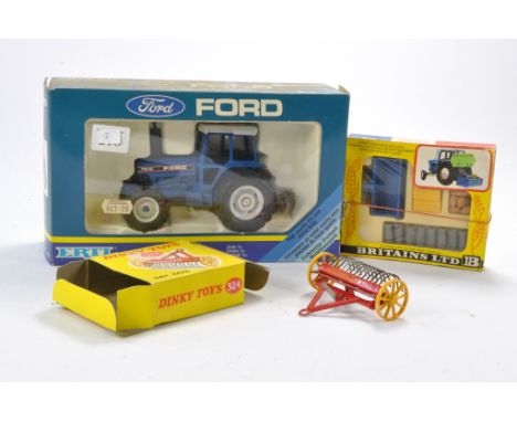 Dinky No. 324 Hay Rake, fair with damage in good, slightly faded box plus Britains No. 9545 Transport Box plus Ertl 1/32 Ford