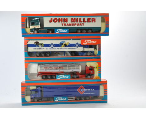 Tekno Model Truck group comprising Scania in the livery of Tholstrup, DAF Tanker in the livery of Delta Route, Scania Curtain