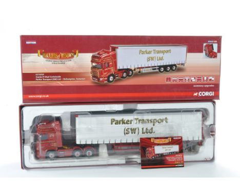 Corgi Model Truck Issue comprising No. CC13737 Scania R Vinyl Curtainside in the livery of Parker Transport Ltd. Limited Edit