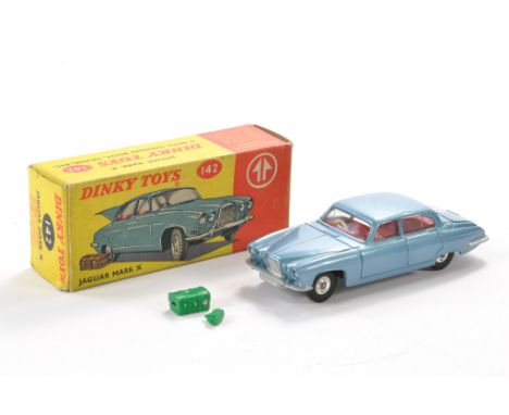 Dinky No. 142 Jaguar Mark X. Light Metallic blue with red interior. Chrome Hubs. Green luggage. Excellent with little sign of