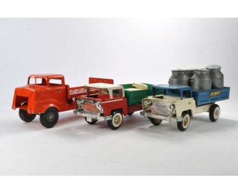 Trio of Large Scale Triang Pressed Metal Trucks as shown. With play wear. 