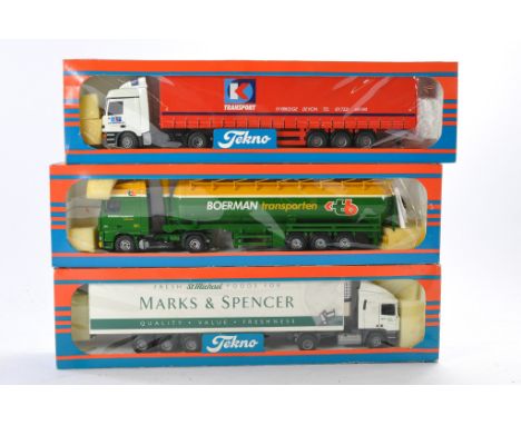 Tekno Model Truck trio comprising ERF Fridge Trailer in the livery of M&amp;S, DAF Tanker in the livery of Boerman and Merced