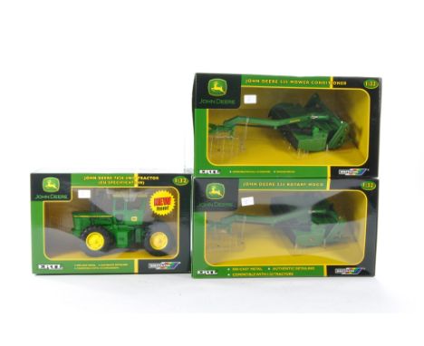 Britains 1/32 farm trio comprising John Deere 7020 4WD Tractor plus duo of John Deere 535 Mower conditioners, with box variat