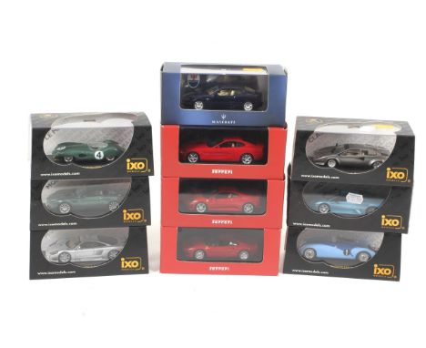 A collection of ten IXO models diecast cars. Featuring Ferrari, Maserati, Bugatti etc, all boxed.
