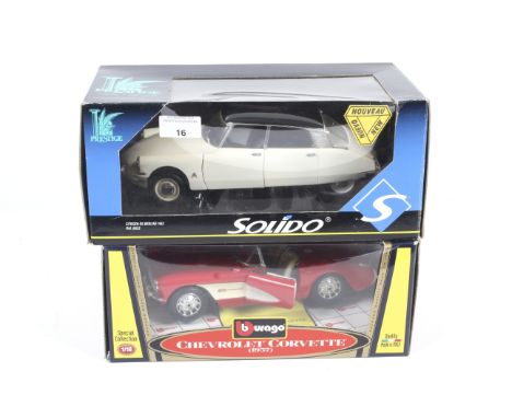 Two diecast 1:18 scale cars. Comprising one Burago Chevrolet Corvette and one Solido Citreon Berline, both boxed. 