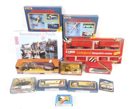 A collection of diecast vehicles. Featuring Corgi and Matchbox etc noting royal mail dispatch centre set, plus jigsaw and Hor