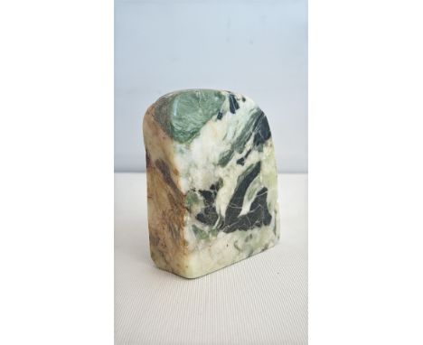 Marble bookend with natural veining in green, white, and gold hues, showcasing a polished finish.