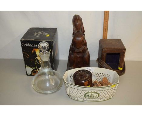 Mixed Lot: Leather case for a carriage clock, wooden model of a squirrel, Caithness decanter and other items