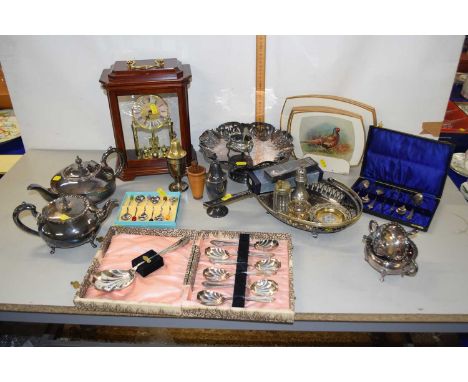 Mixed Lot: Silver plated tea wares, mantel clock, place mats, cased cutlery etc