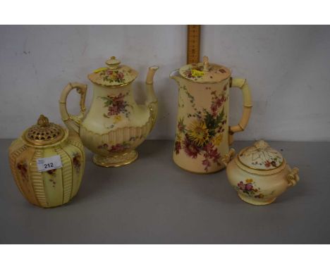 Blush Worcester wares comprising a covered jug with tusk form handle, an oval teapot, a pot pourri jar with pierced lid and a