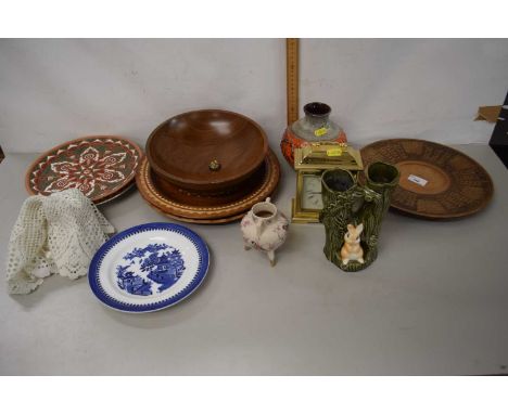 Mixed Lot: Various ceramic and wooden wall plates, Sylvac vase, a mantel clock and other assorted items