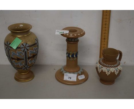 Group of Doulton silicon wares comprising vase, candlestick and small jug
