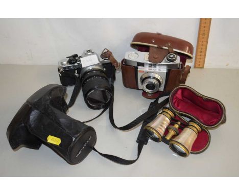 Mixed Lot: A Pentax ME Super camera together with a further Kodak camera and a pair of mother of pearl mounted opera glasses
