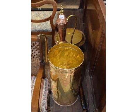 Mixed Lot: Vintage copper and brass bed warming pan, a copper and brass oversize kettle and a further stick stand