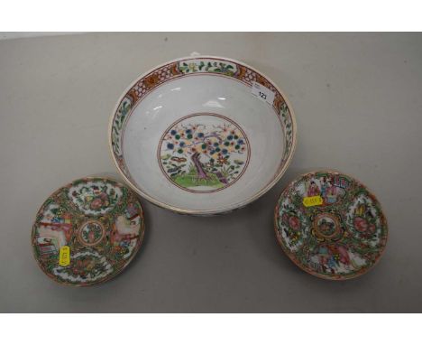 Reproduction Chinese bowl and two Canton saucers