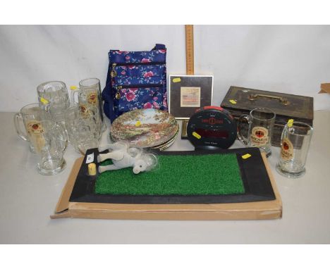 Mixed Lot: Collectors plates, cash tin, picture frames, alarm clock, ladies bag together with a quantity of Barcardi and othe