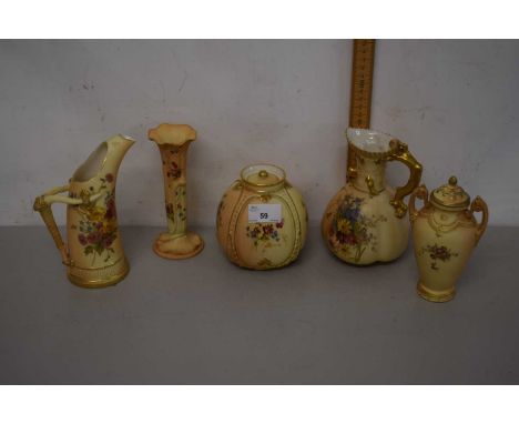 Mixed lot blush Worcester porcelain tusk formed jug, a vase with flared rim and figural handle, a covered ovoid vase,stem vas