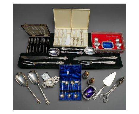 A collection of silver plate, EPNS to include: vintage boxed Grenadier silversmiths Georgian style condiment set; tea straine